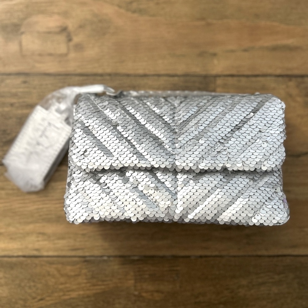 NICOLE MILLER Crossbody Bag Womens Silver Sequin Flap Shoulder Purse Chain Strap - Picture 2 of 12